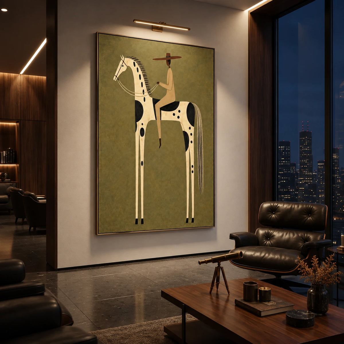 Dappled Rider artwork displayed above a leather chair and low wooden table.