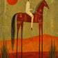 Ember Rider full artwork. A pale rider and chestnut horse stand beneath a vivid red sun above layered orange hills.