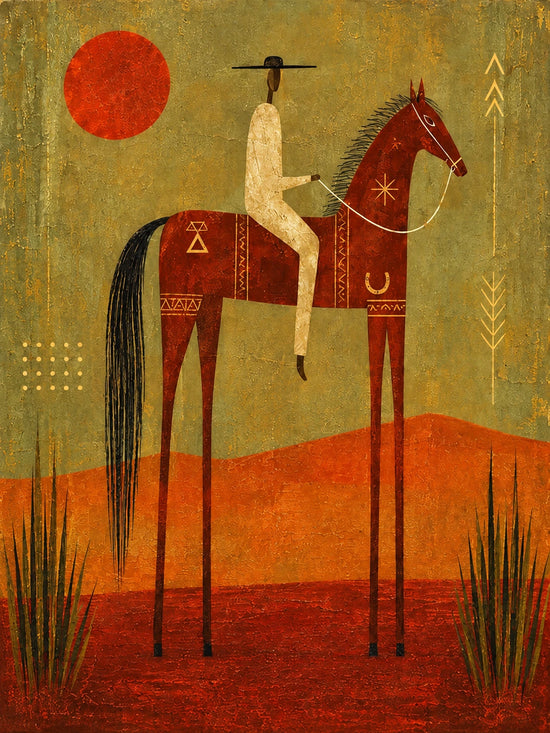 Ember Rider full artwork. A pale rider and chestnut horse stand beneath a vivid red sun above layered orange hills.
