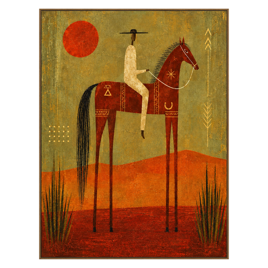 Ember Rider artwork in a natural wood frame on a transparent background.