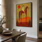 Ember Rider artwork displayed above a wooden console beside pale lounge seating.