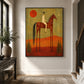 Ember Rider artwork displayed above a low bench in a bright hallway.