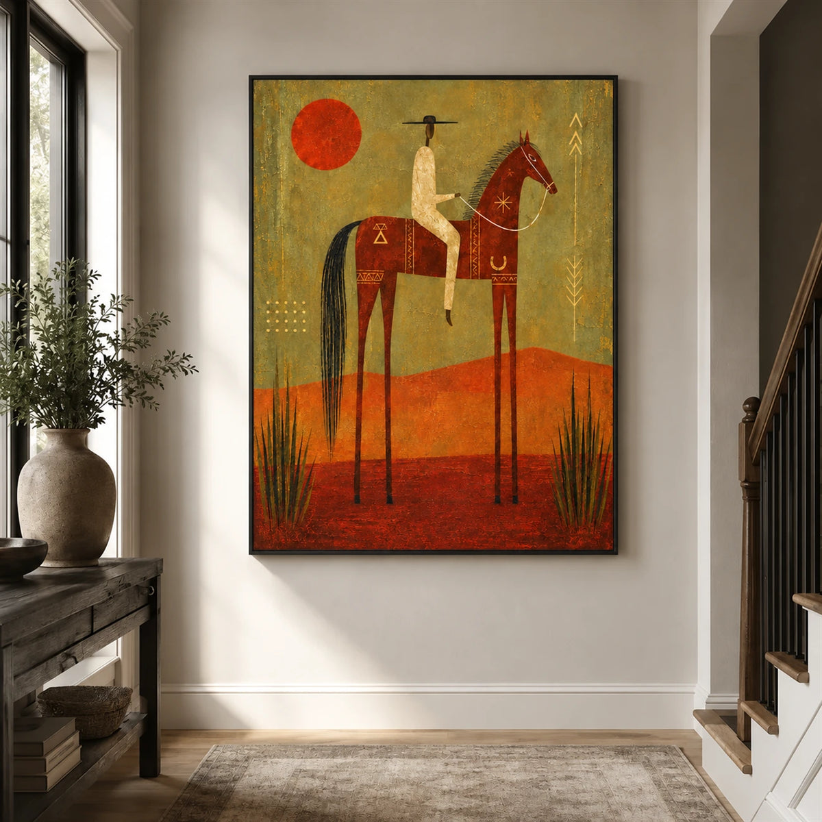Ember Rider artwork displayed above a low bench in a bright hallway.