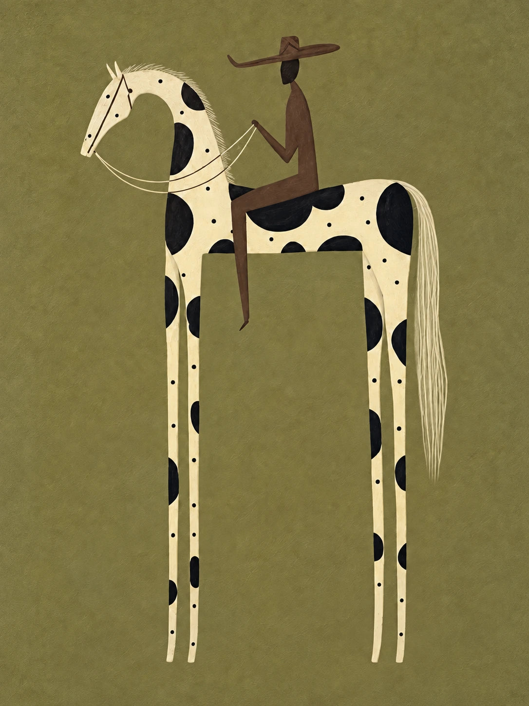 Piebald Poise full artwork. A rider in muted brown sits on a cream horse marked with large black patches.