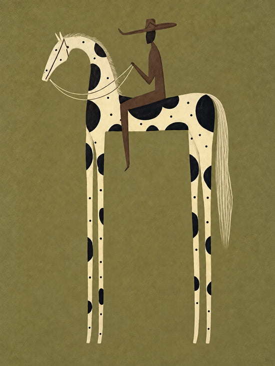Piebald Poise full artwork. A rider in muted brown sits on a cream horse marked with large black patches.