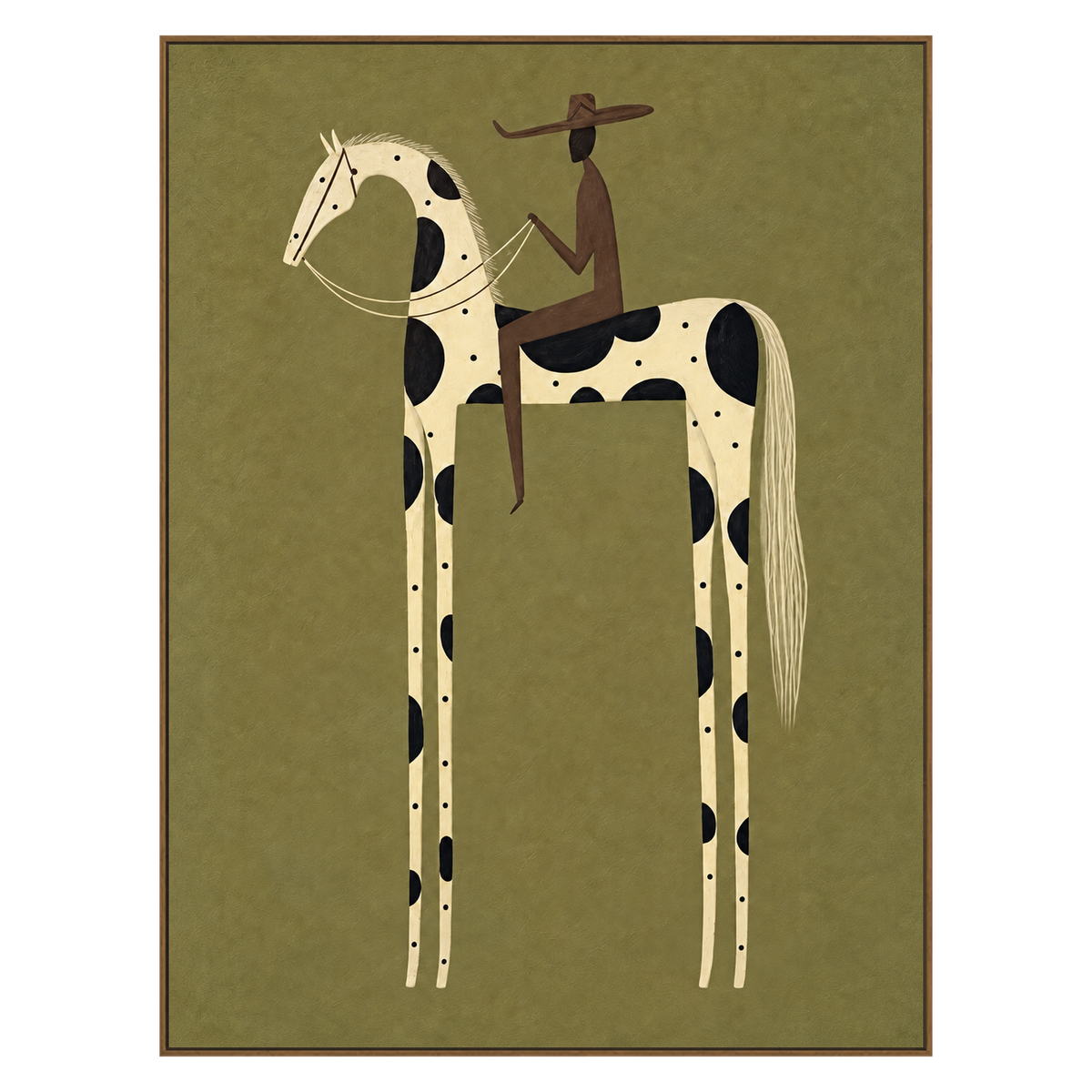 Piebald Poise artwork in a natural wood frame on a transparent background.