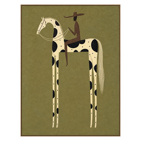 Piebald Poise artwork in a natural wood frame on a transparent background.