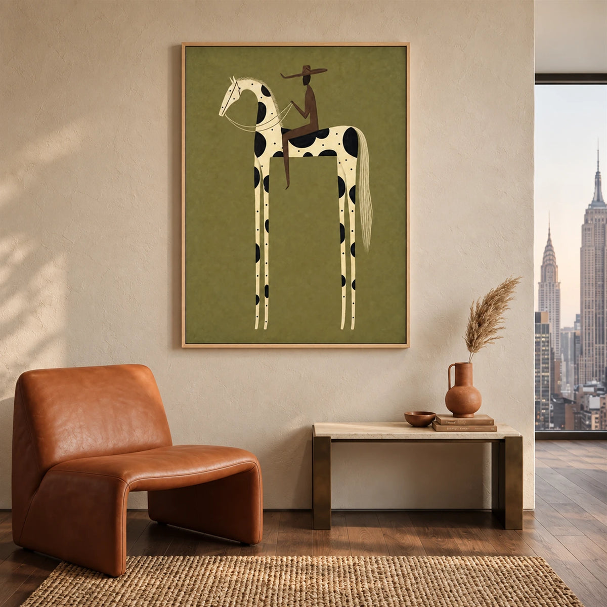 Piebald Poise artwork displayed above a low cabinet beside a rust-colored chair.