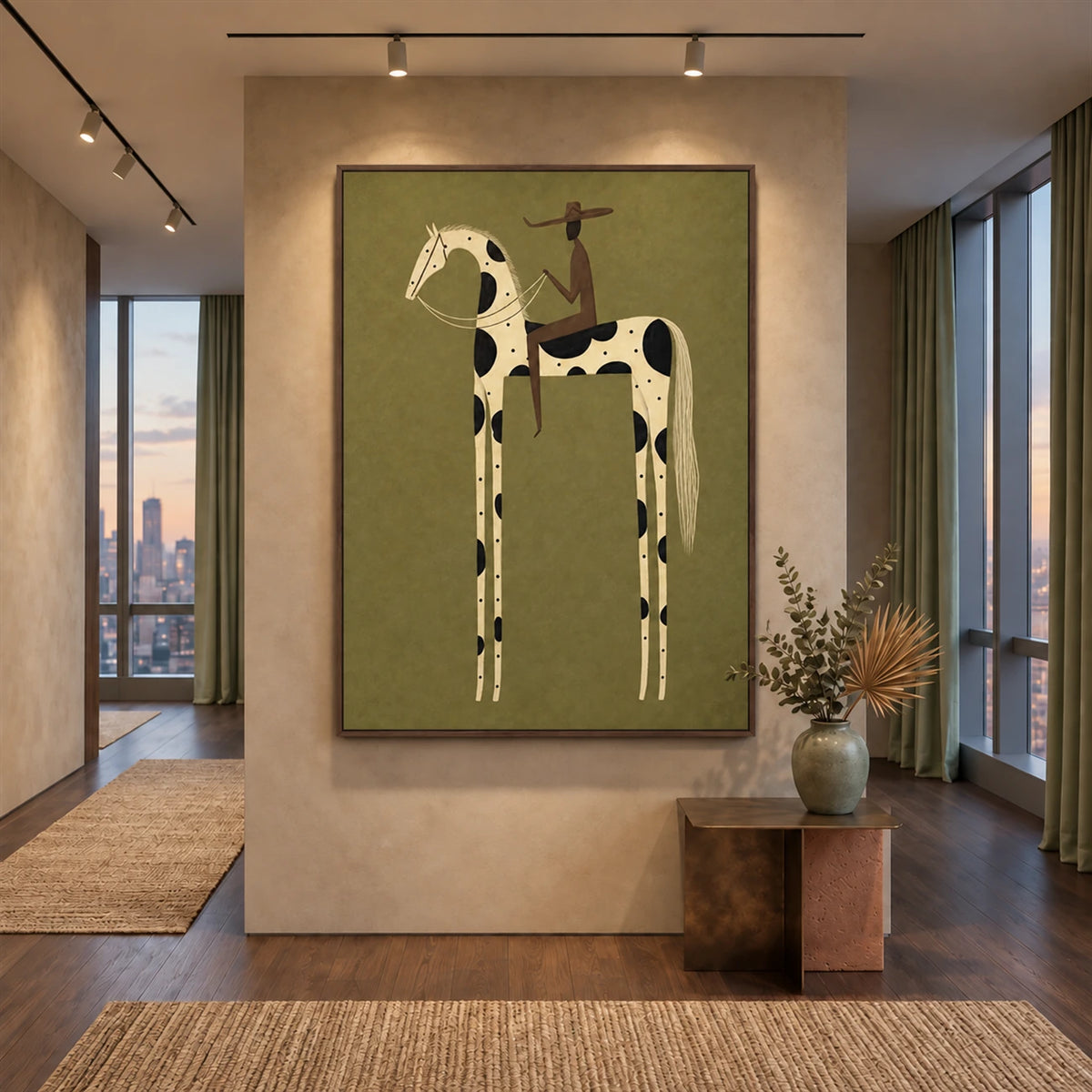 Piebald Poise artwork displayed above a console beside a stair railing.
