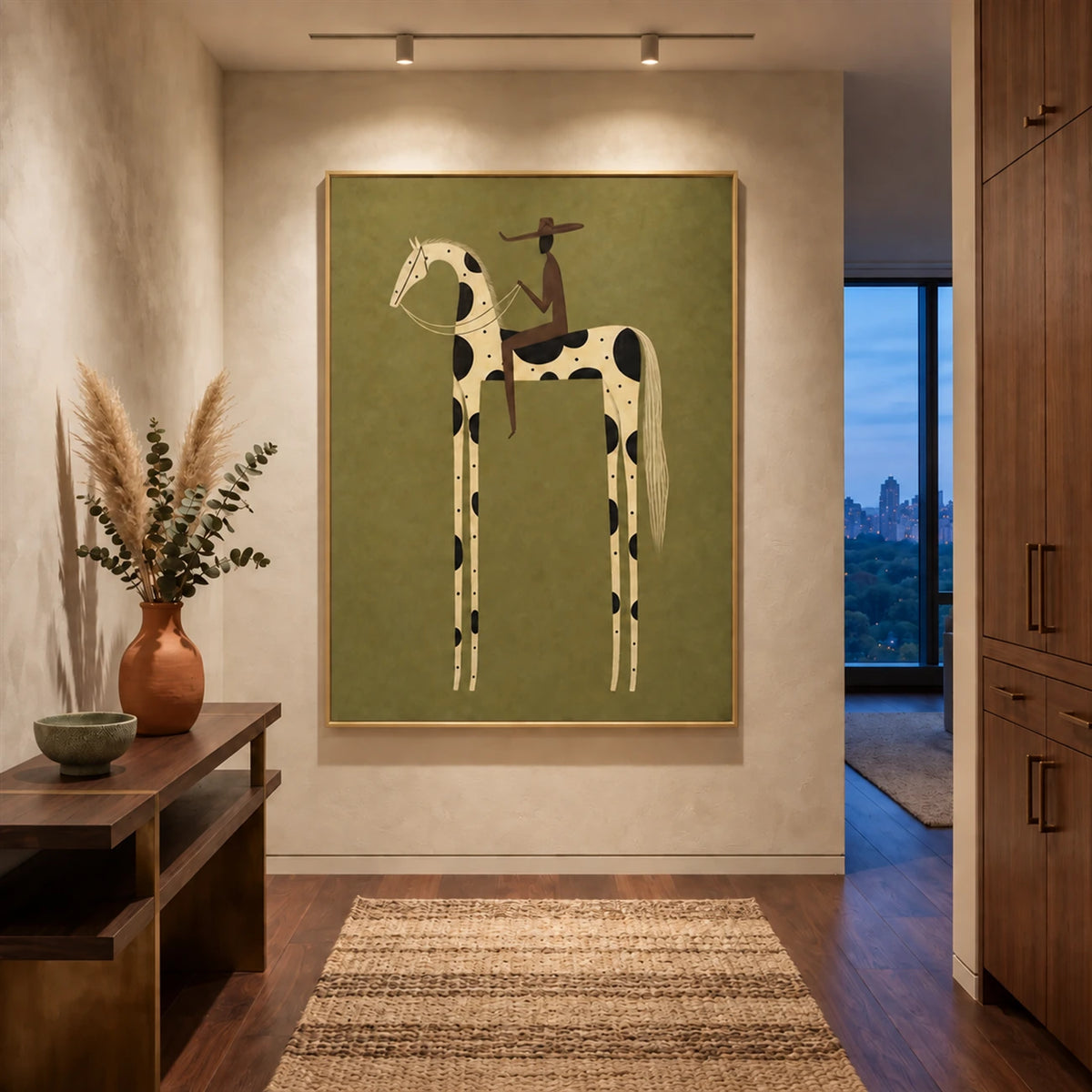 Piebald Poise artwork displayed above a console beside a tall window and flowers.