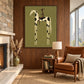 Piebald Poise artwork displayed above a wooden cabinet beside a brown armchair.
