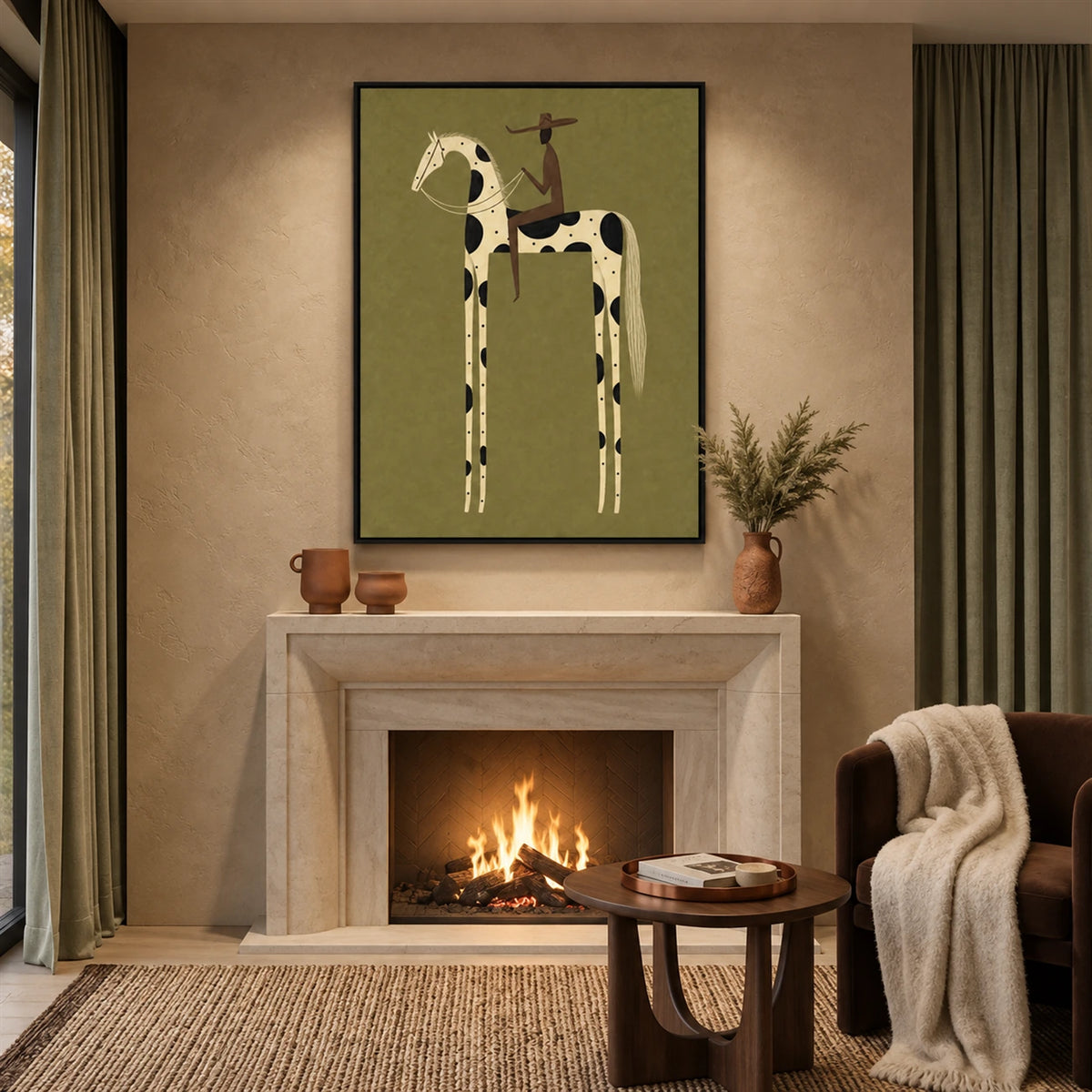Piebald Poise artwork displayed above a fireplace beside a woven chair.