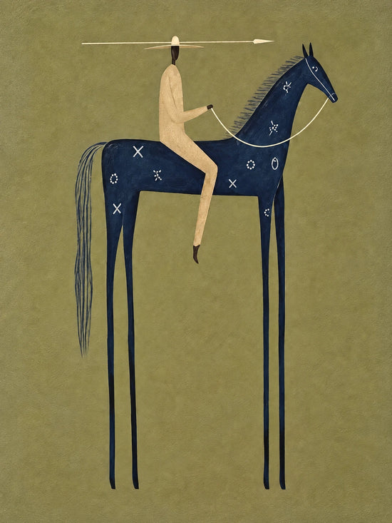 Indigo Standard full artwork. A pale rider carries a long horizontal spear while seated on an indigo horse.