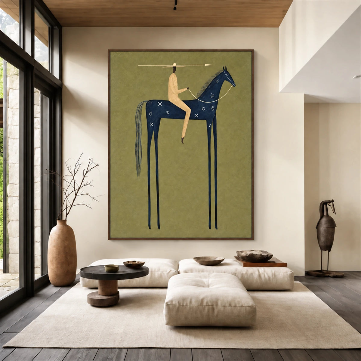 Indigo Standard artwork displayed above low lounge seating beside tall windows.