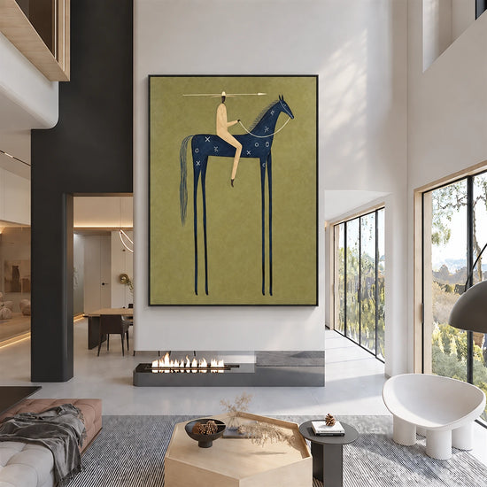 Indigo Standard artwork displayed above a fireplace in a double-height sitting room.