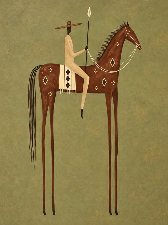 Chestnut Standard full artwork. A rider in pale clothing holds a long spear above a chestnut horse decorated with cream geometric marks.