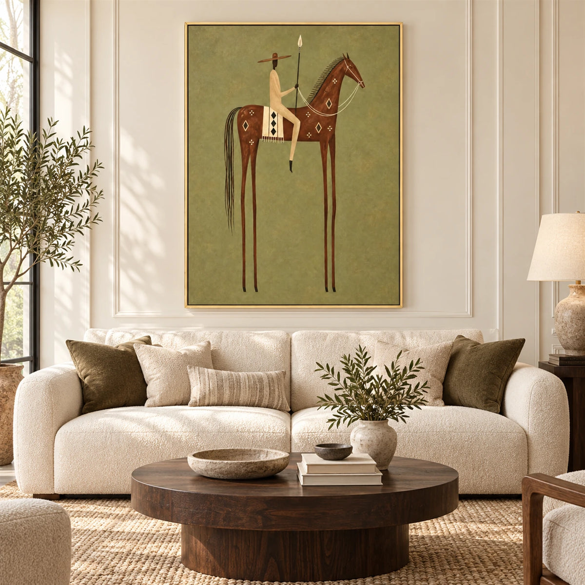 Chestnut Standard artwork displayed above pale curved seating in a warm neutral room.
