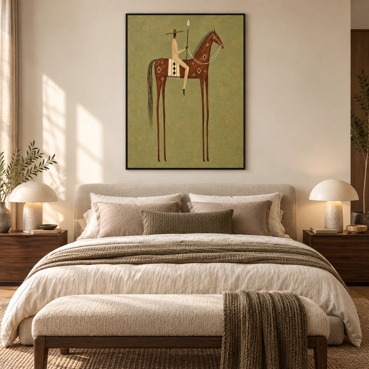 Chestnut Standard artwork displayed above a bed with neutral bedding.