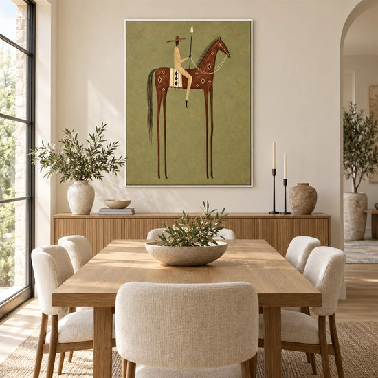 Chestnut Standard artwork displayed above a wooden console beside rounded lounge seating.
