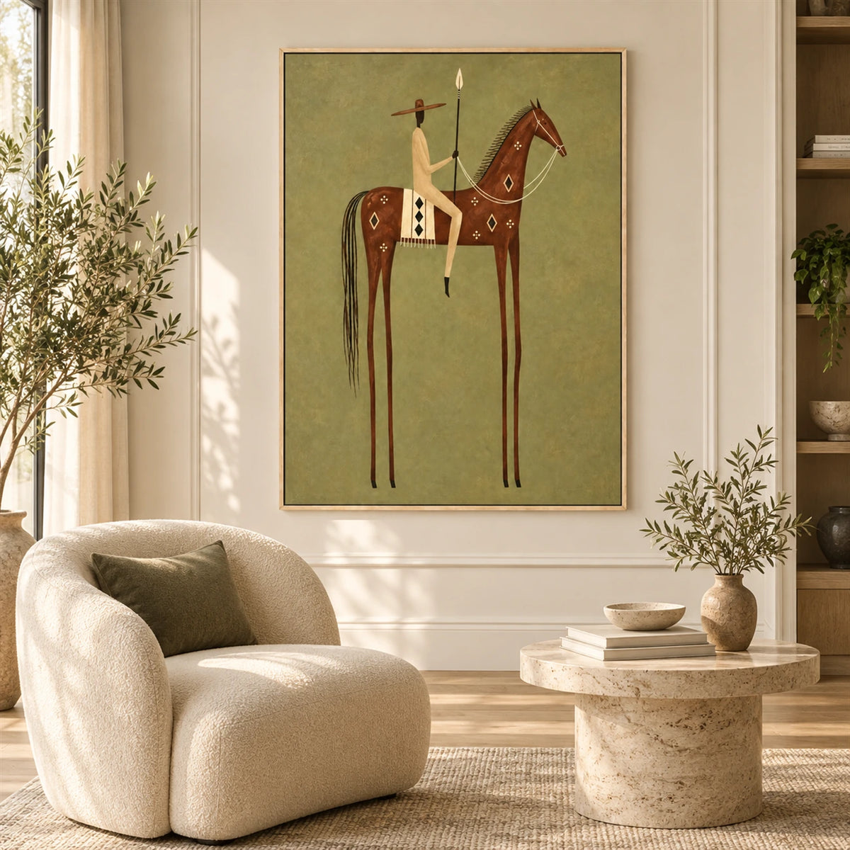 Chestnut Standard artwork displayed above a cream sofa beside sunlit curtains.