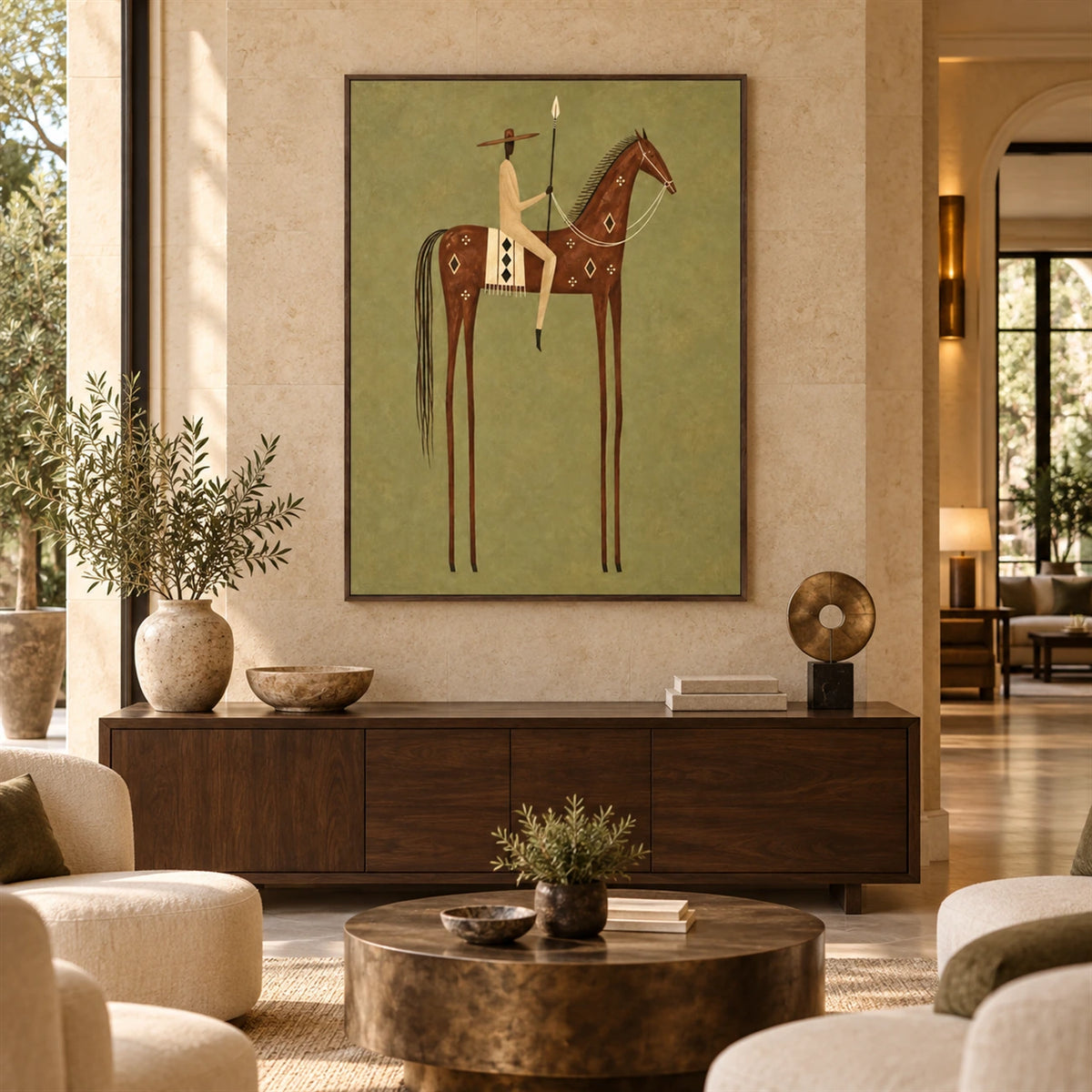 Chestnut Standard artwork displayed above a sideboard beside upholstered chairs.