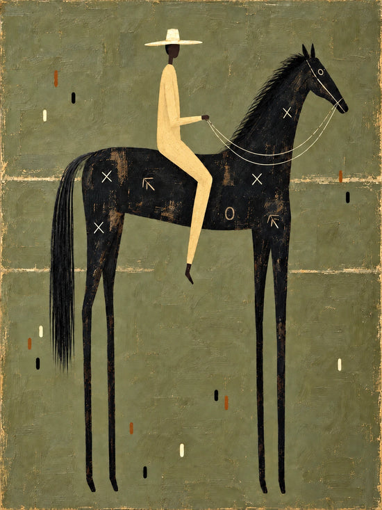 Nightfall Rider full artwork. A rider in warm ivory sits on a black horse beneath a pale broad-brimmed hat.