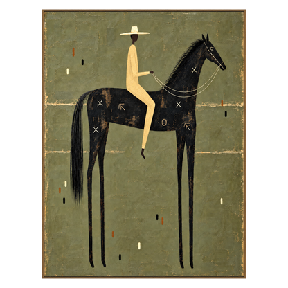 Nightfall Rider artwork in a natural wood frame on a transparent background.
