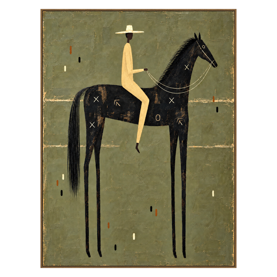 Nightfall Rider artwork in a natural wood frame on a transparent background.