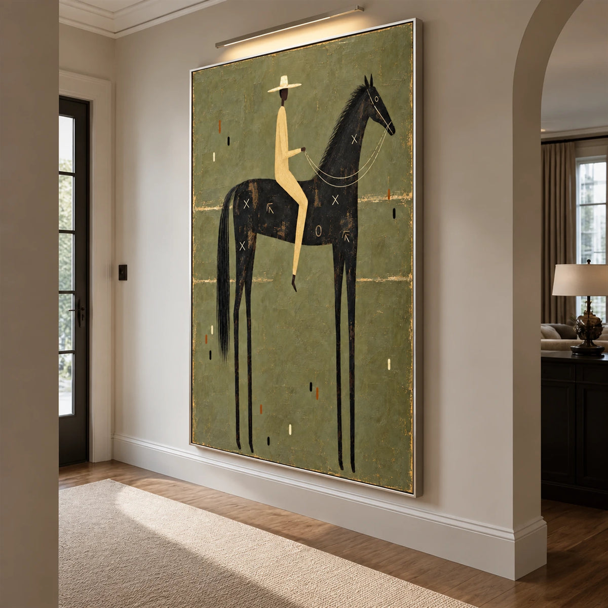 Nightfall Rider artwork displayed above a low console beside a staircase.