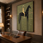 Nightfall Rider artwork displayed above a desk and leather chair in a paneled study.