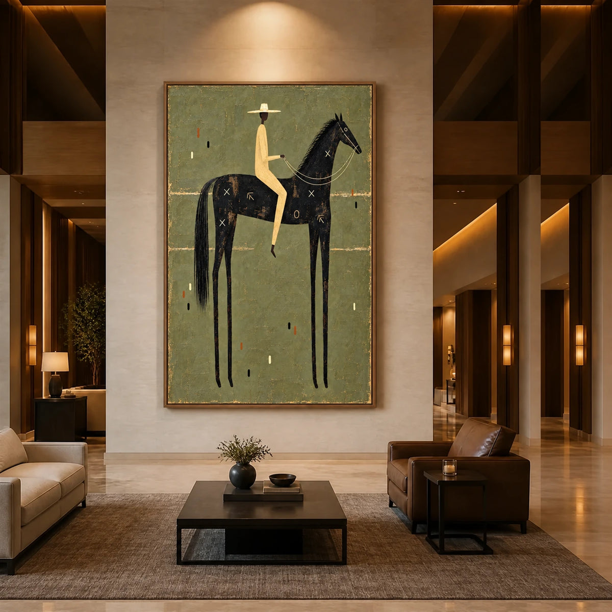Nightfall Rider artwork displayed above dark lounge seating between warm wall lights.