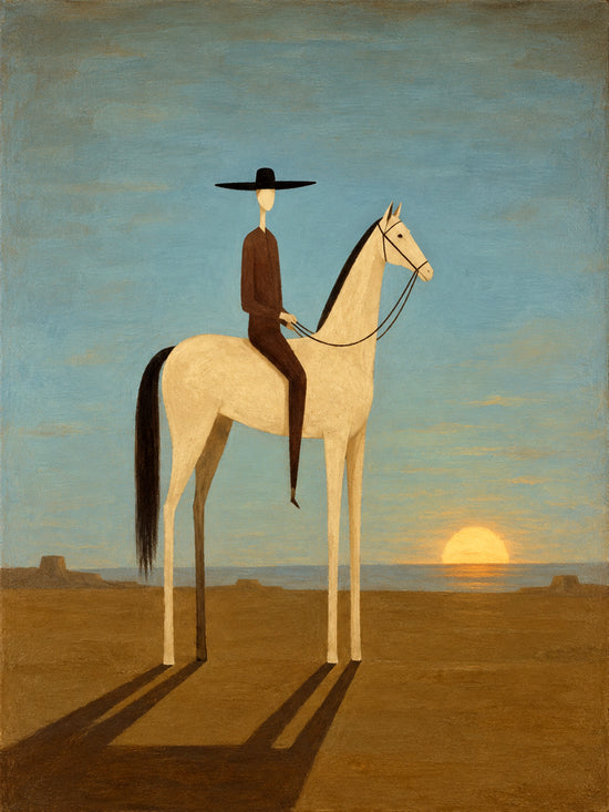 Solitary Sundown full artwork. A lone rider sits on a pale horse as the sun settles near the horizon of an open plain.