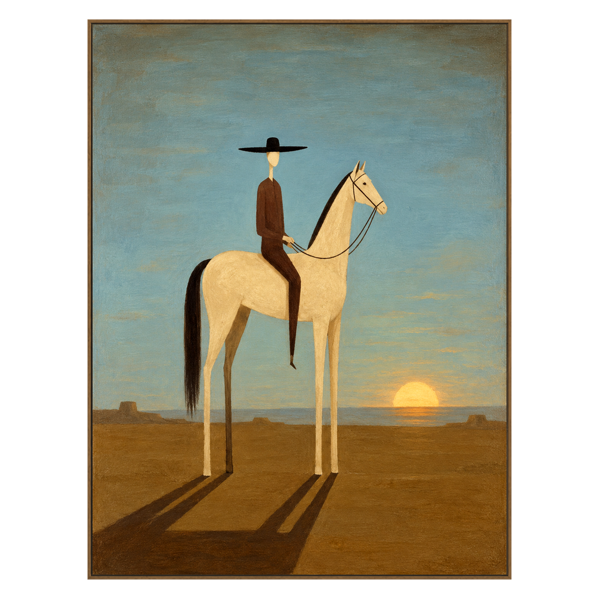 Solitary Sundown artwork in a natural wood frame on a transparent background.