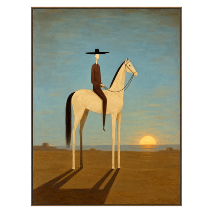 Solitary Sundown artwork in a natural wood frame on a transparent background.
