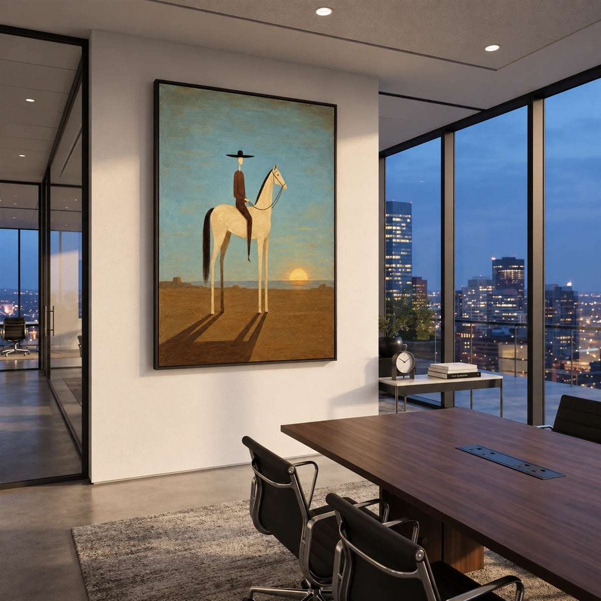 Solitary Sundown artwork displayed above a console beside a dining table and city windows.