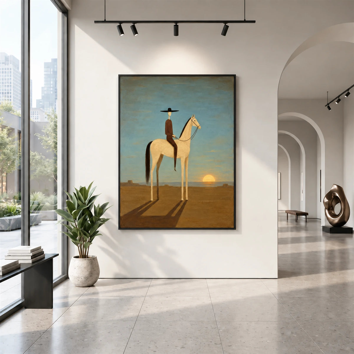 Solitary Sundown artwork displayed above a low bench in a bright modern hallway.