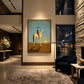 Solitary Sundown artwork displayed above a fireplace between dark shelving.