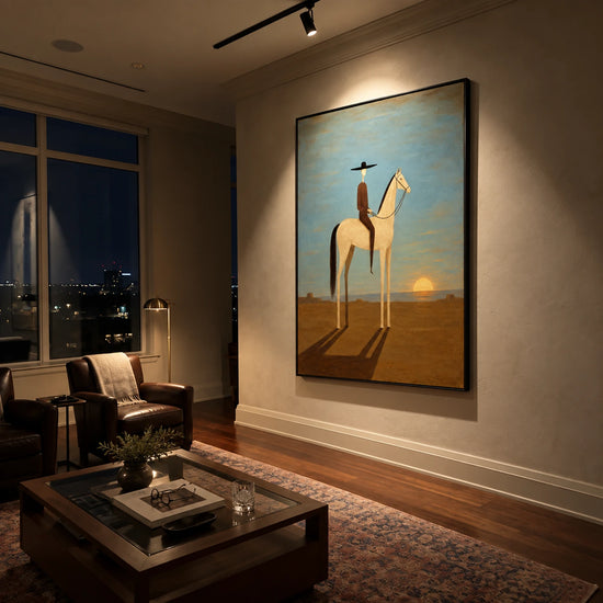 Solitary Sundown artwork displayed above a wooden console in an evening living room.