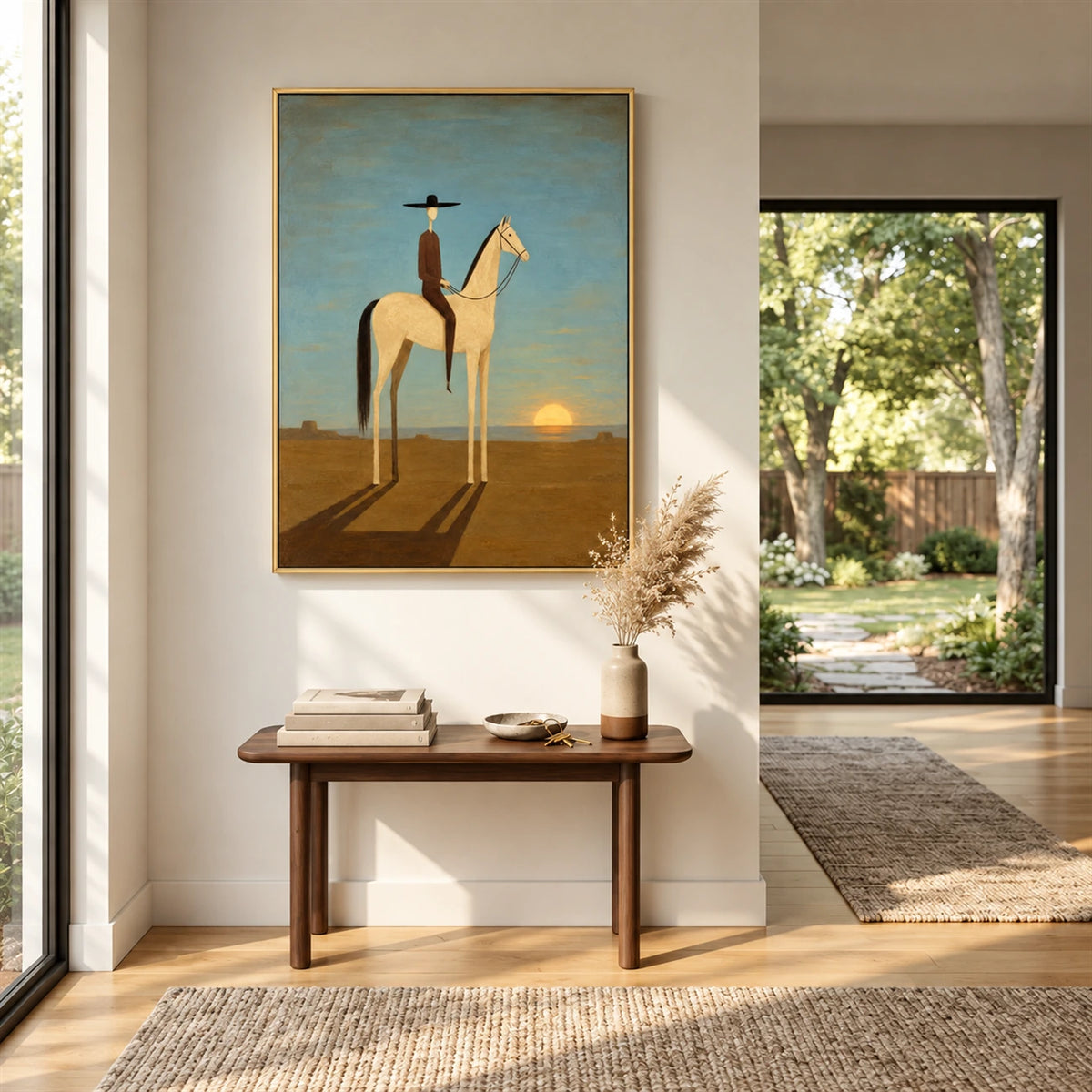 Solitary Sundown artwork displayed above a slim console beside a sunlit garden doorway.