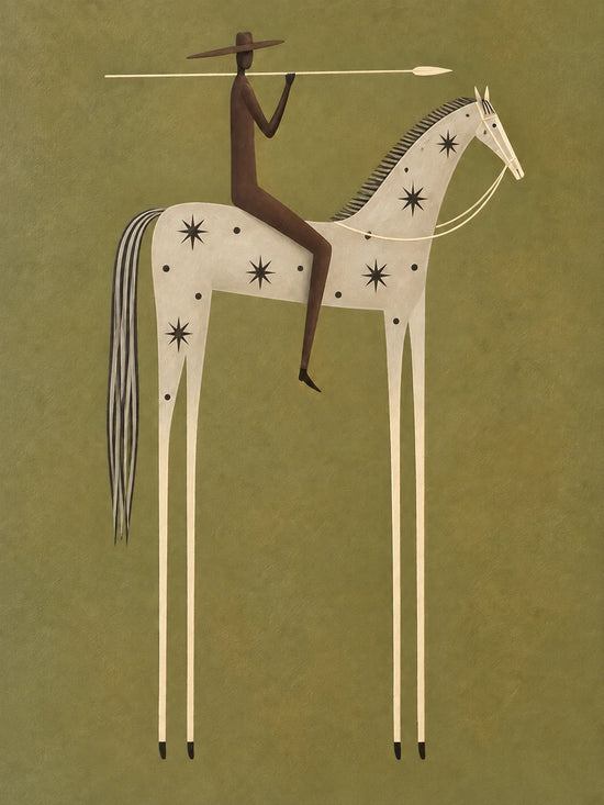 Starry Standard full artwork. A dark-clad rider carries a long spear above a pale horse adorned with black stars and dots.