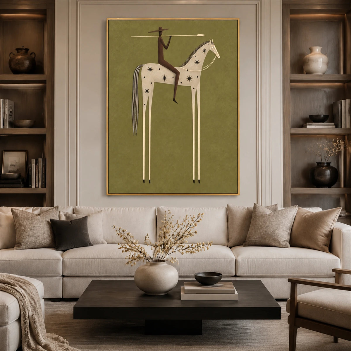 Starry Standard artwork displayed above a sofa between tall bookshelves.