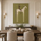 Starry Standard artwork displayed above a console beside a round dining table.