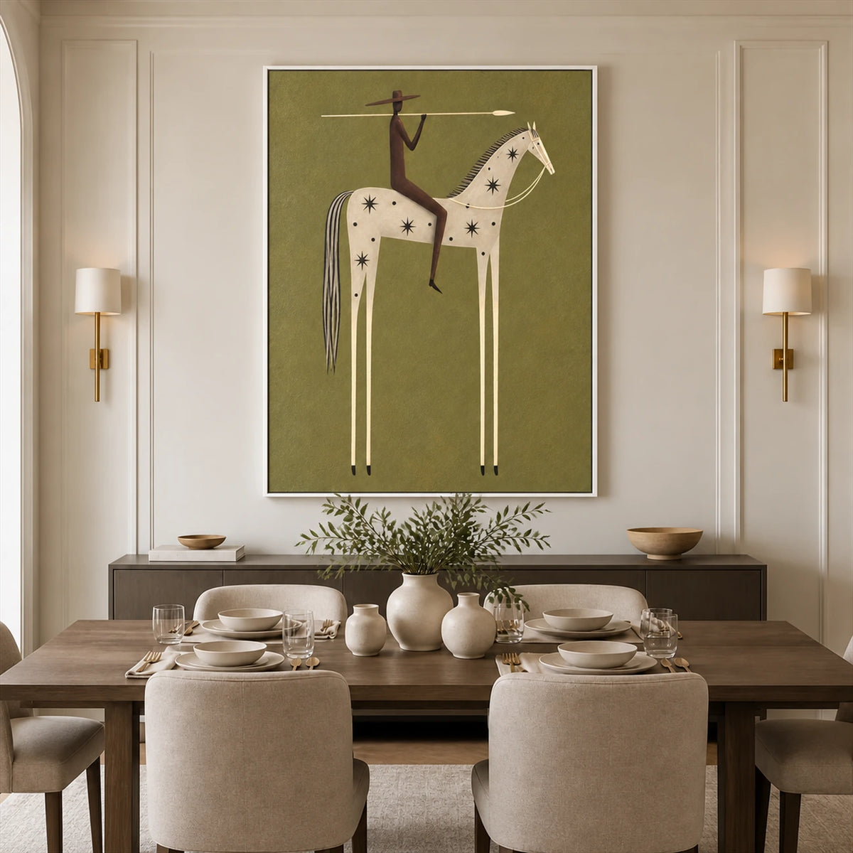 Starry Standard artwork displayed above a console beside a round dining table.