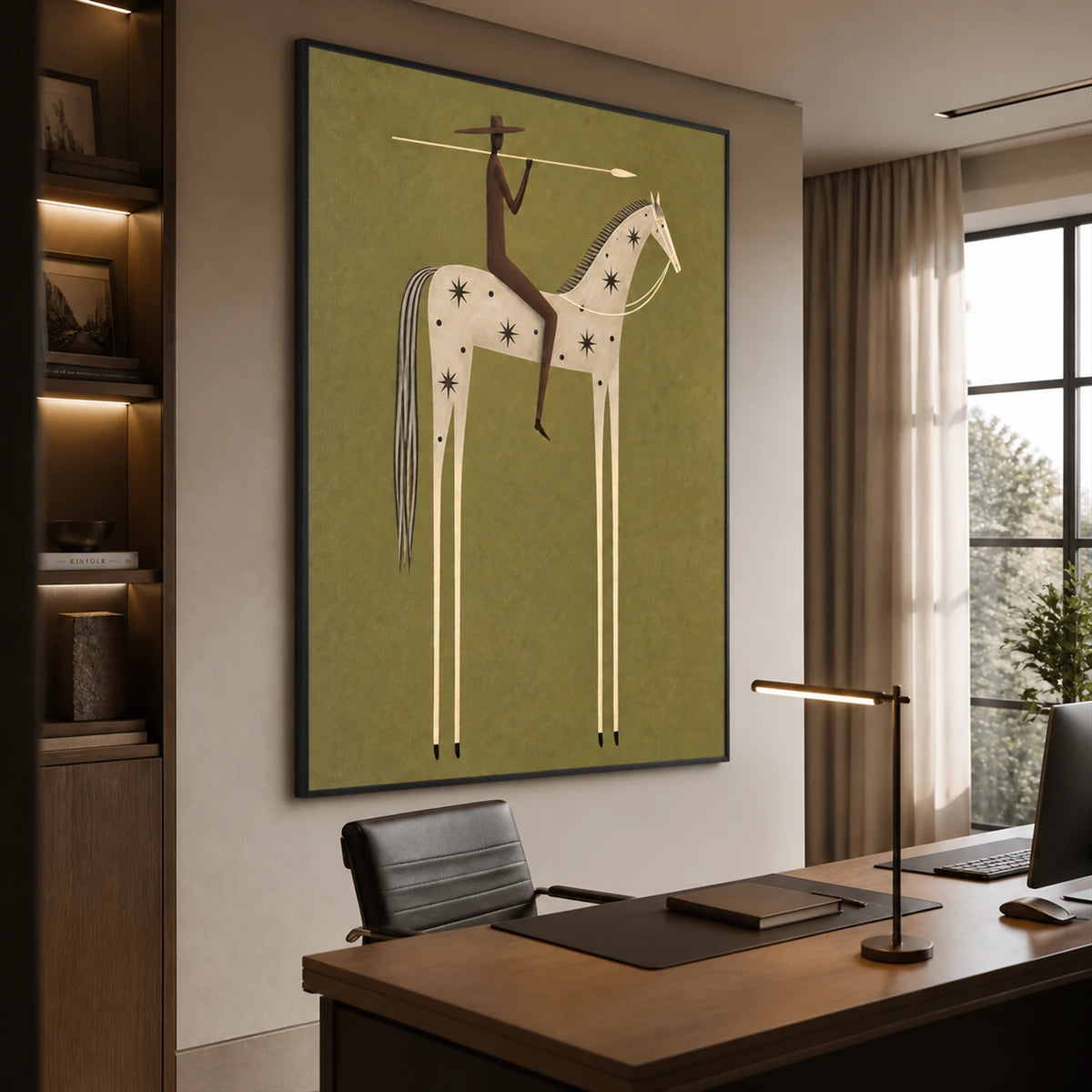 Starry Standard artwork displayed above a desk beside a tall window.