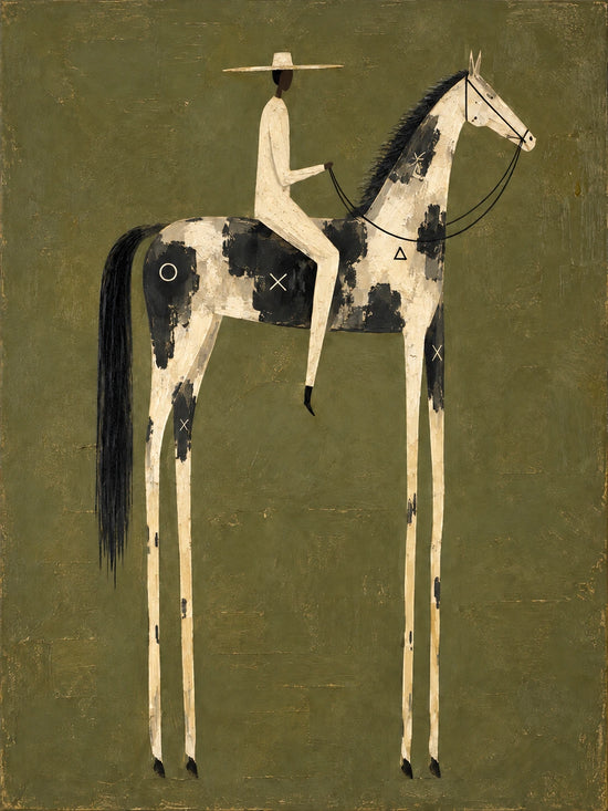 Painted Sentinel full artwork. A pale rider sits on a black-and-white horse whose irregular patches echo a weathered painted surface.