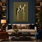 Painted Sentinel artwork displayed above a sofa and fireplace between dark bookshelves.