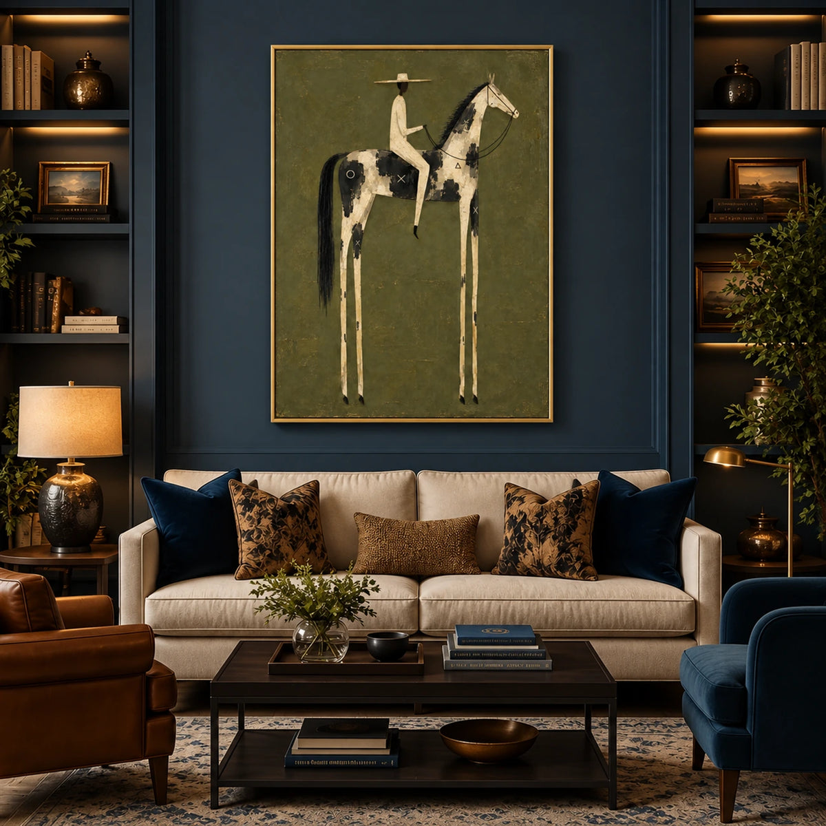 Painted Sentinel artwork displayed above a sofa and fireplace between dark bookshelves.