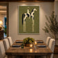 Painted Sentinel artwork displayed above a wooden console beside a dining table.