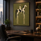 Painted Sentinel artwork displayed above a desk and dark leather chair.
