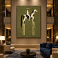 Painted Sentinel artwork displayed above lounge seating in a dark wood-paneled room.